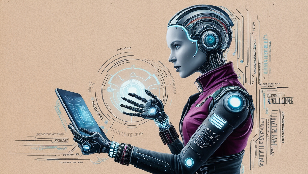 Imagem em IA de um andróide com feições femininas segurando um tablet