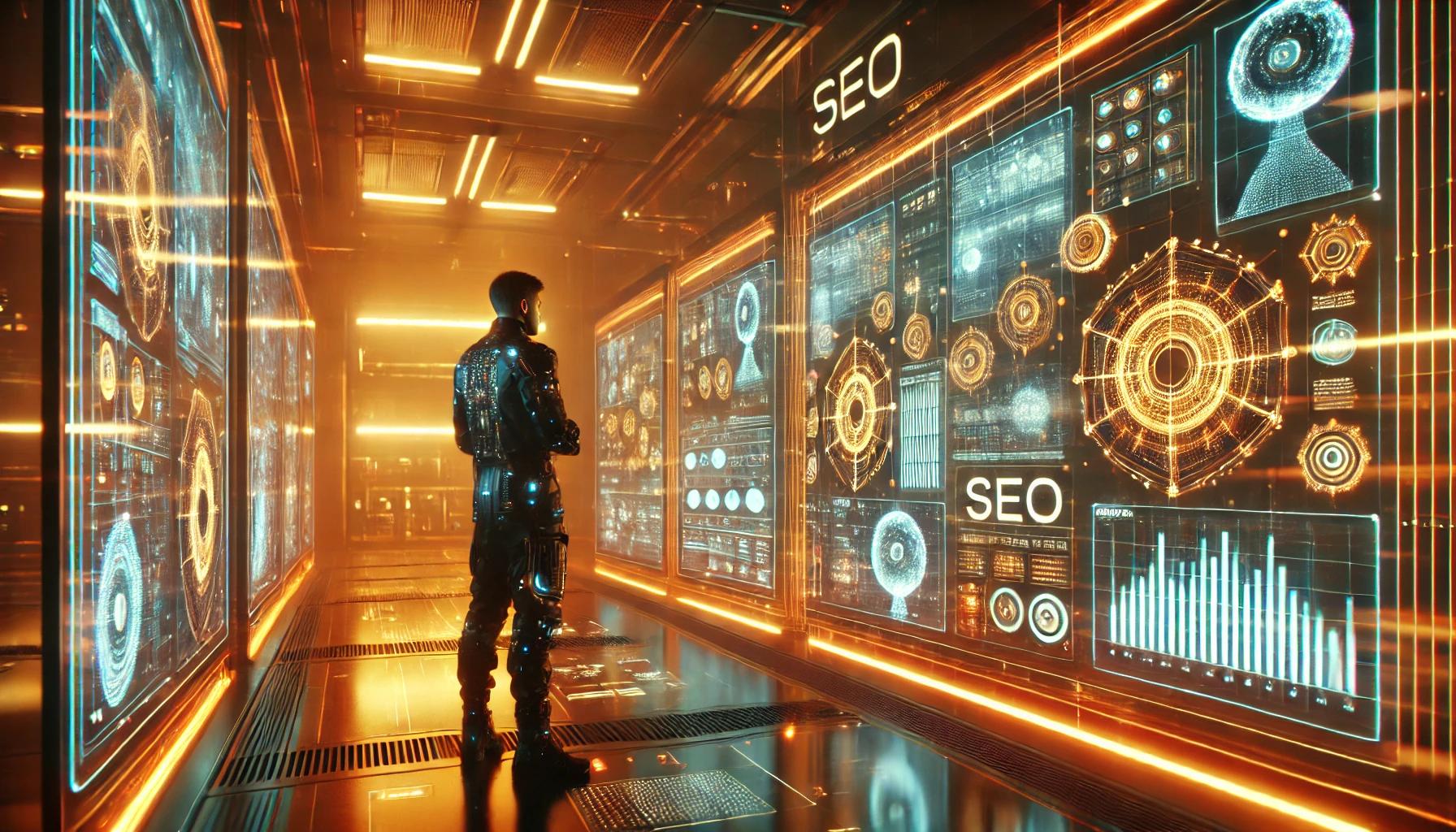 Imagem em IA de um homem em um laboratório tecnológico observando métricas e gráficos em uma tela virtual 