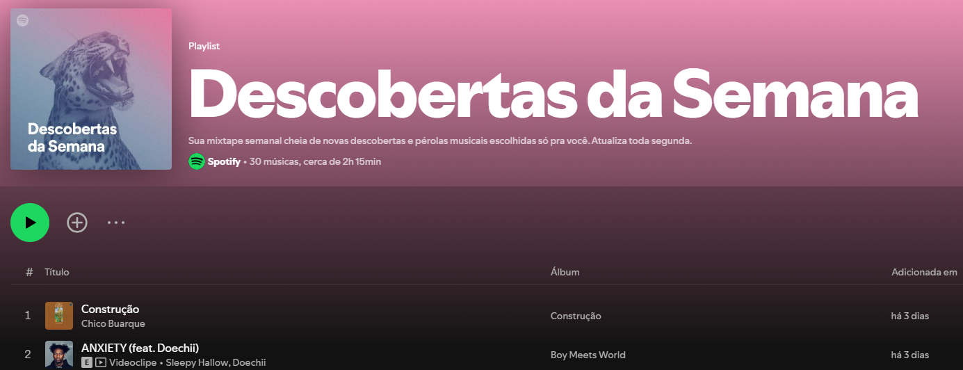 Print da tela do Spotify com as descobertas da semana