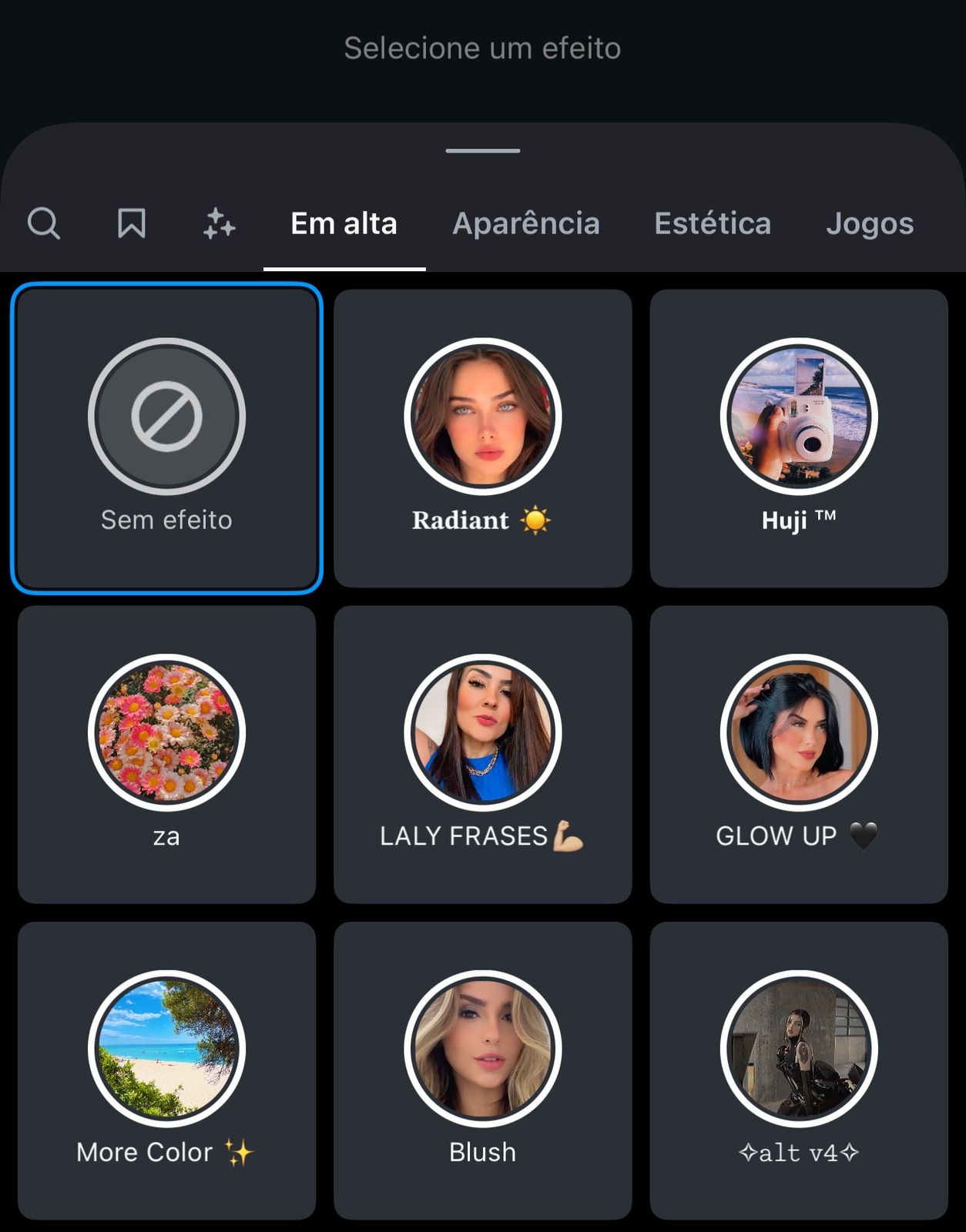 Print da tela de efeitos para fotos e publicações do Instagram
