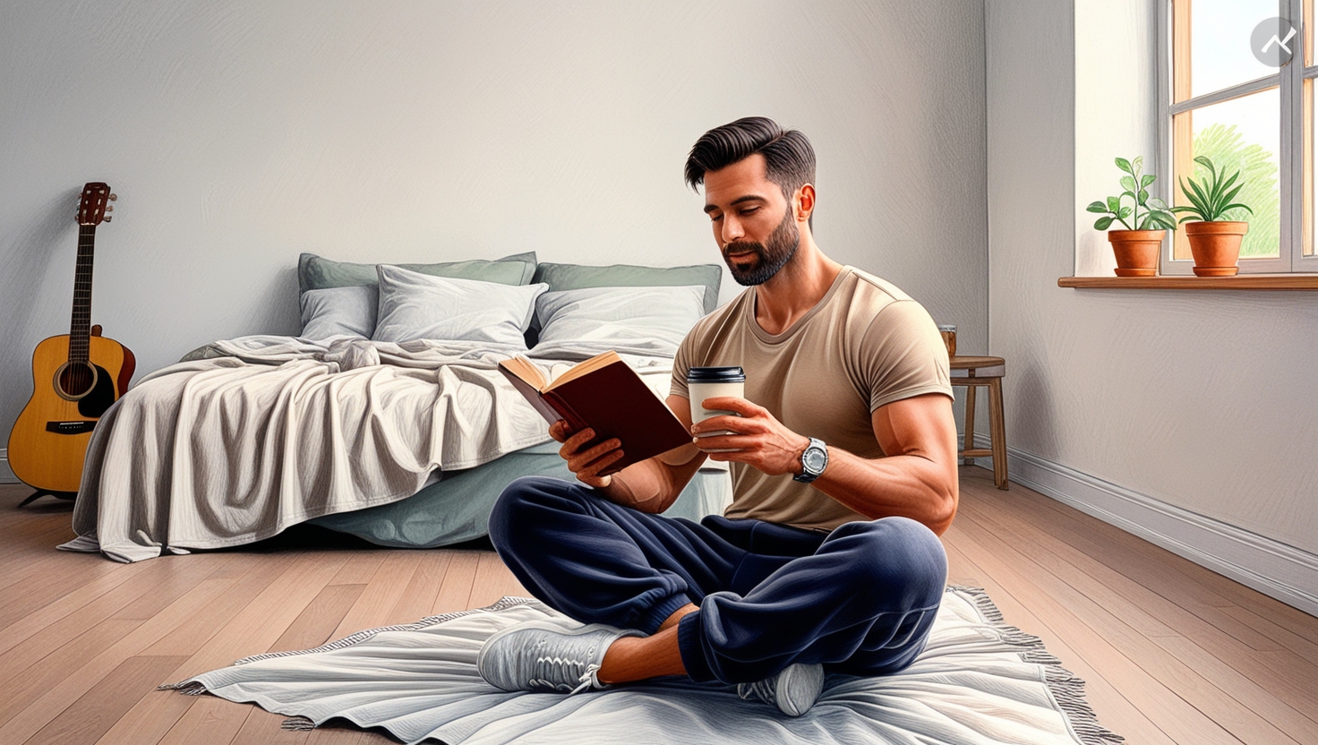 Imagem em IA de um homem branco sentado no chão do quarto lendo um livro e tomando um café
