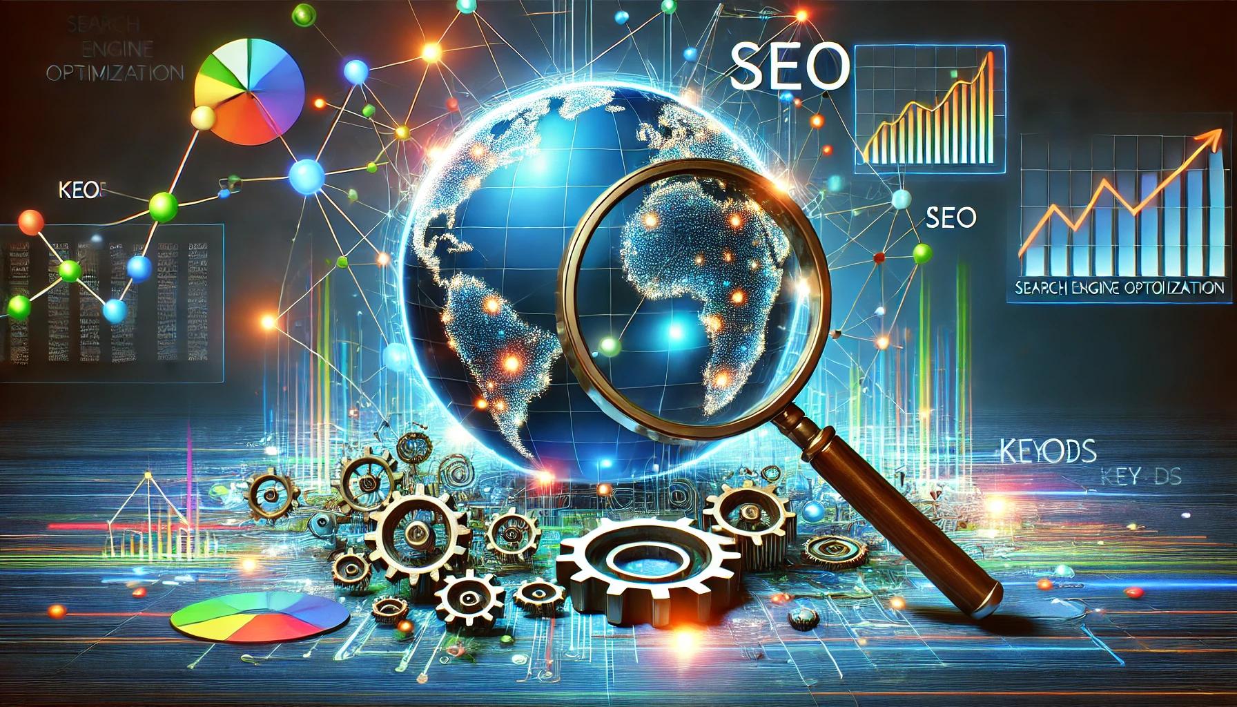 Imagem em IA de um globo terrestre com uma lupa sobre o continente americano e várias engrenagens e linkagens espalhadas