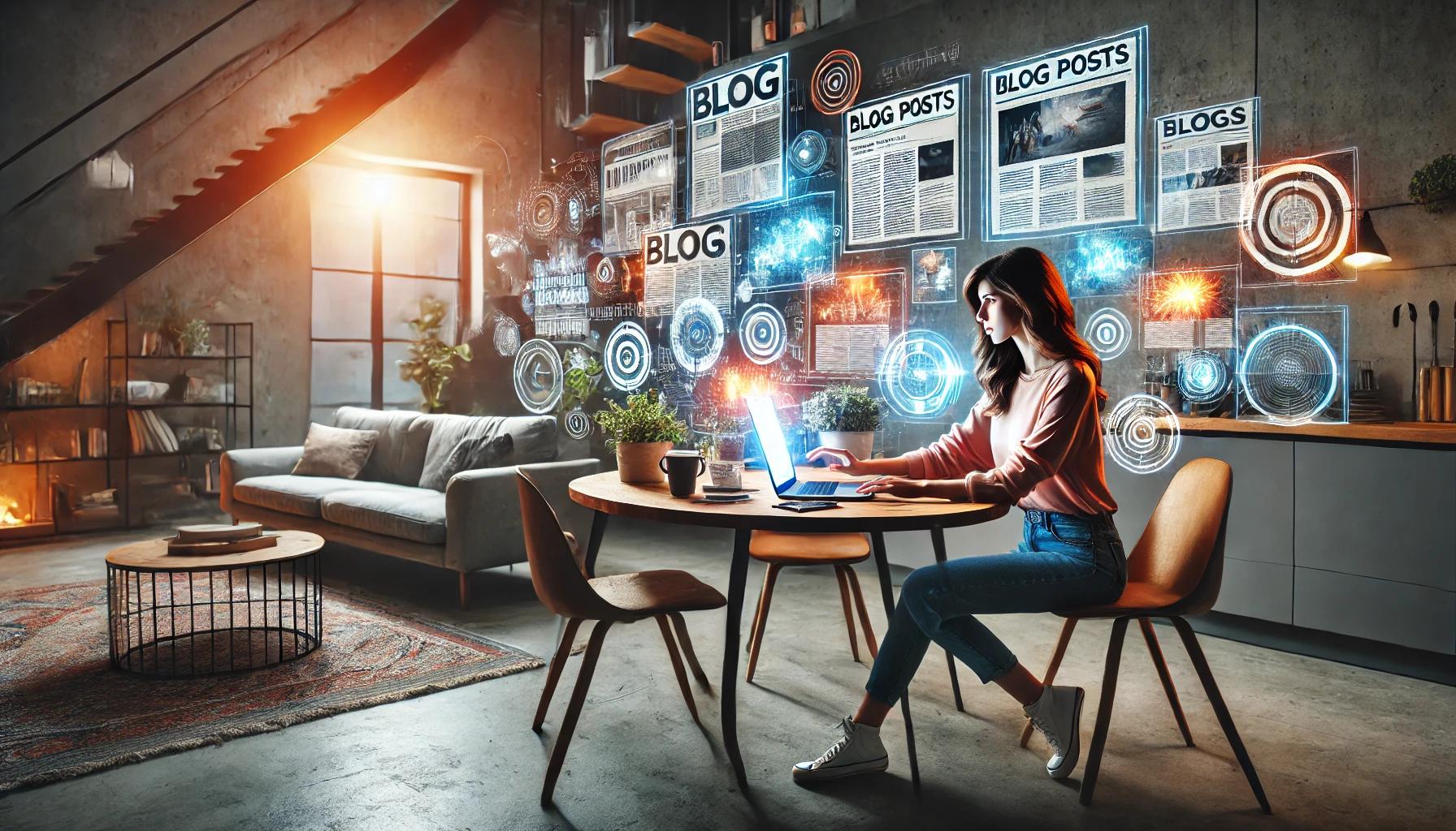 Ilustração em IA de uma mulher usando um notebook em uma mesa da sala e várias projeções de blog na parede