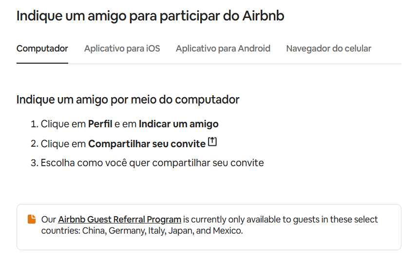 Print da tela de política para indicar amigos no airbnb