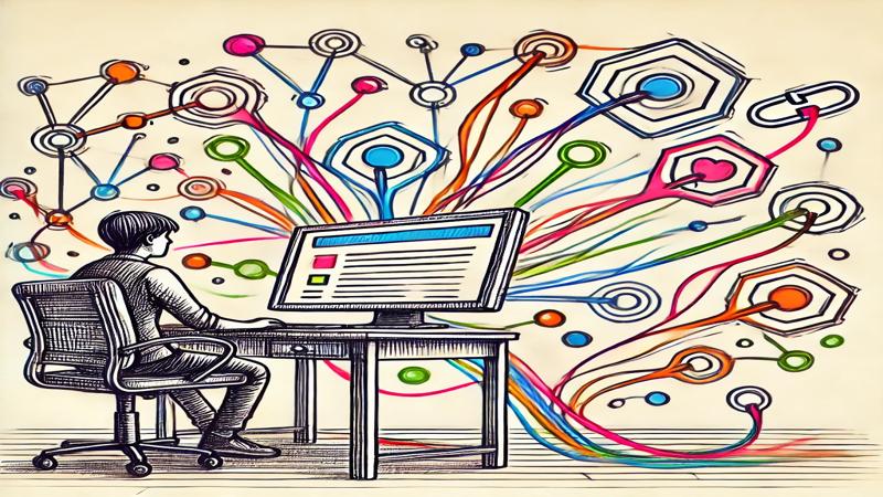 Imagem gerada por IA de uma pessoa sentada em frente a um computador, com linhas e e conexões coloridas saindo da tela