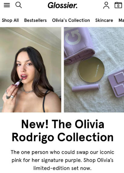 Print do site da Glossier com o lançamento da linhas de cosméticos com a artista Olivia Rodrigo