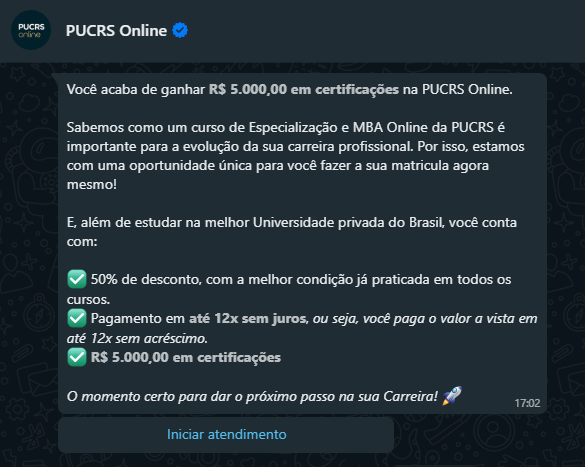 Print Anúncio da PUC RS na lista de contatos do WhatsApp