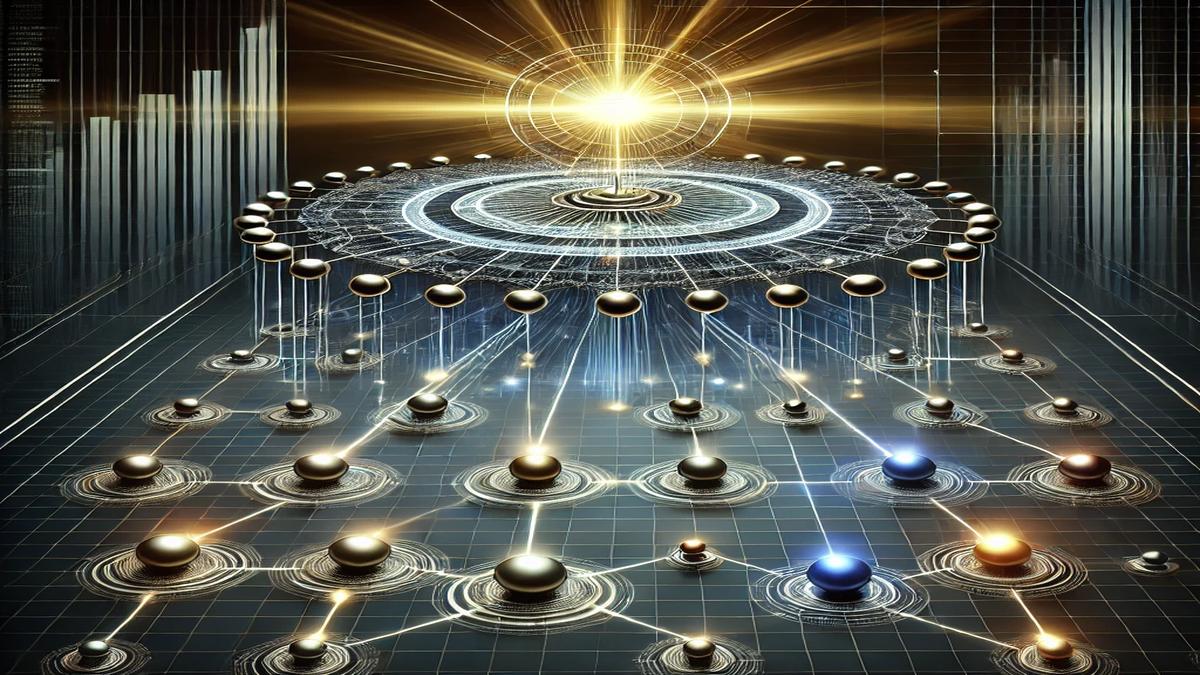 Imagem em IA de uma esfera luminosa fazendo conexões com várias outras esferas menores