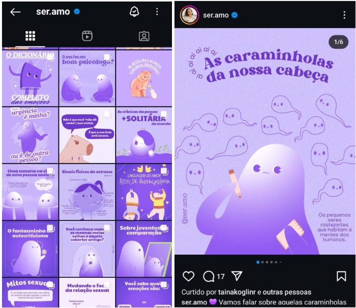 Print da página da Ser Amo no instagram, mostrando as postagens que eles fazem educando sobre saúde mental