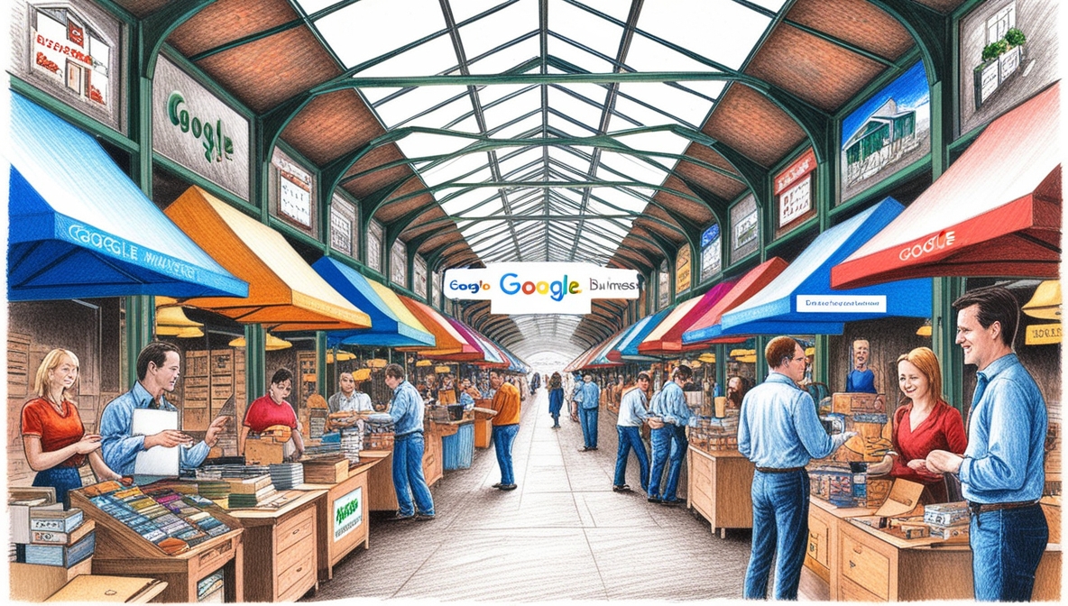 Imagem em IA de uma feira com várias barraquinhas, simulando sites, e em cima da feira está uma faixa com a logo do Google