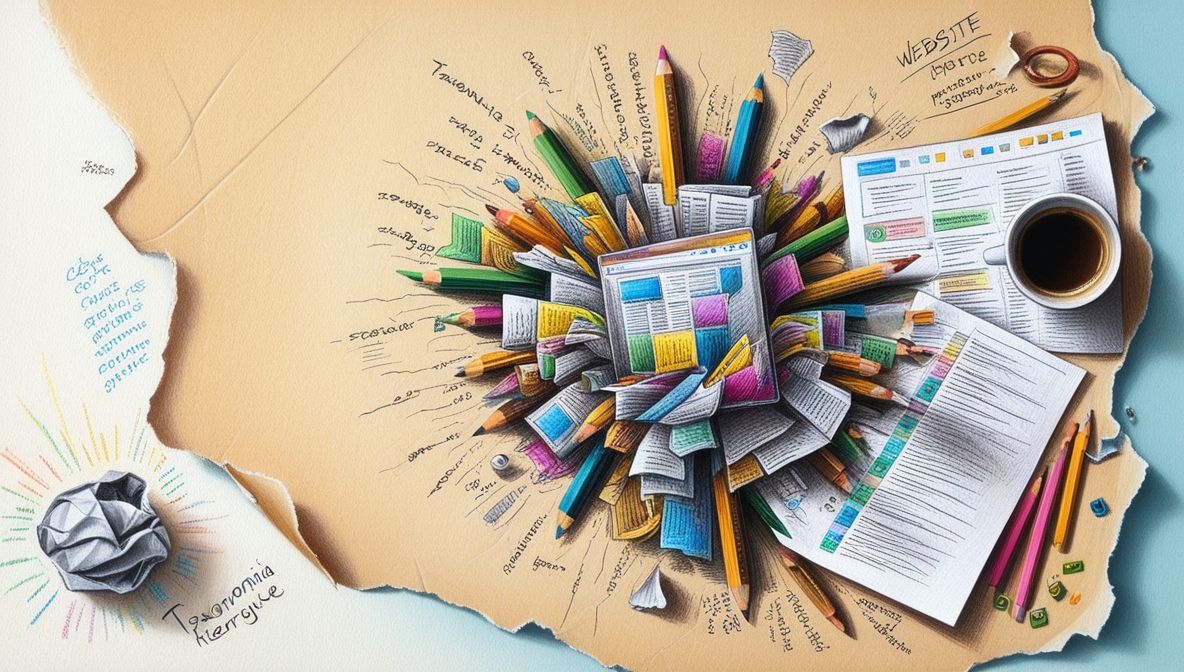Ilustração de várias folhas de papel e alguns lápis simulando as categorias e taxanomia das informações