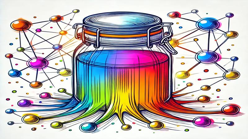 Ilustração em IA de um pote de vidro com um conteúdo colorido saindo dele em forma de conexões