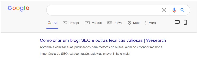 Print da tela de resultado do Google mostrando um título e uma descrição otimizados de um blogpost