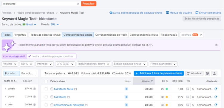 Print de uma busca pelo termo hidratante no Semrush