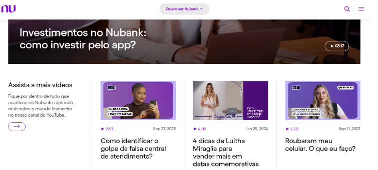 Print do blog do Nubank com os conteúdos que eles produzem para falar sobre educação financeira