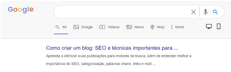 Print da tela de resultados do Google mostrando o título e a descrição de um blogpost