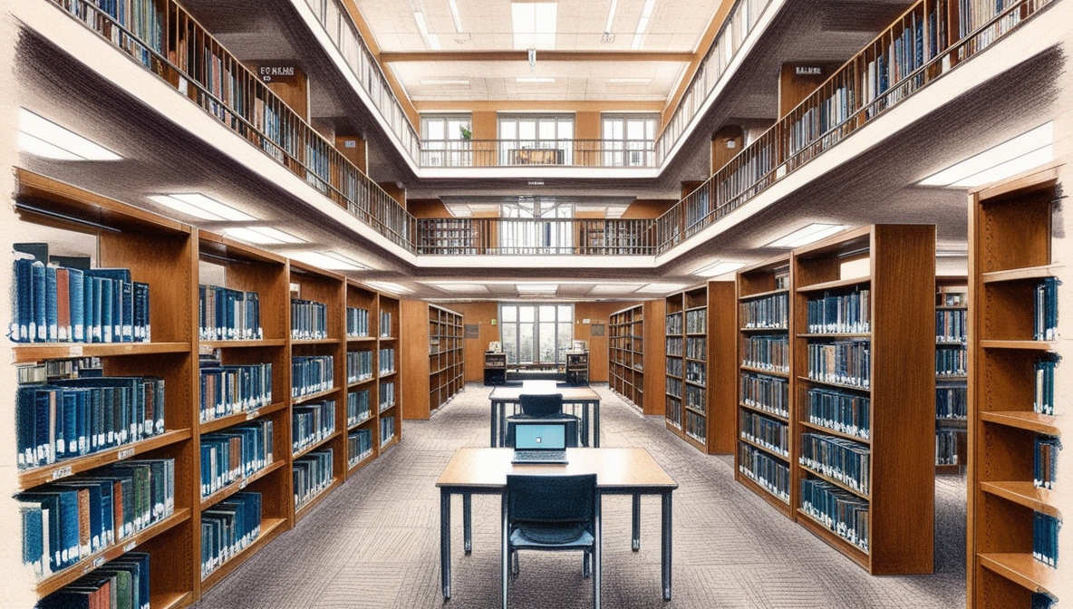 Biblioteca com dois andares, cheia de prateleiras com livros e uma mesa ao centro com um computador aberto sobre ela