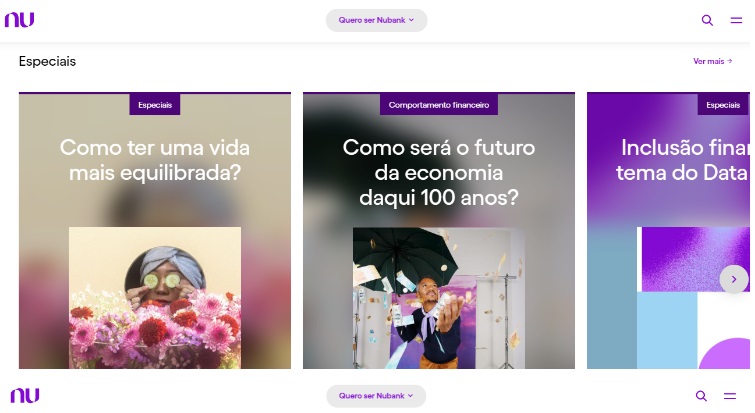 Print do site do Nubank mostrando a linguagem leve que eles usam para falar sobre finanças