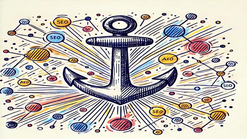 Imagem gerada por IA, de uma âncora antiga cercada por traços coloridos e repetição da palavra SEO