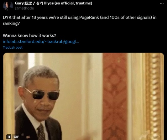 Print do X do Gary Illyes, com uma foto do Barack Obama usando óculos escuros