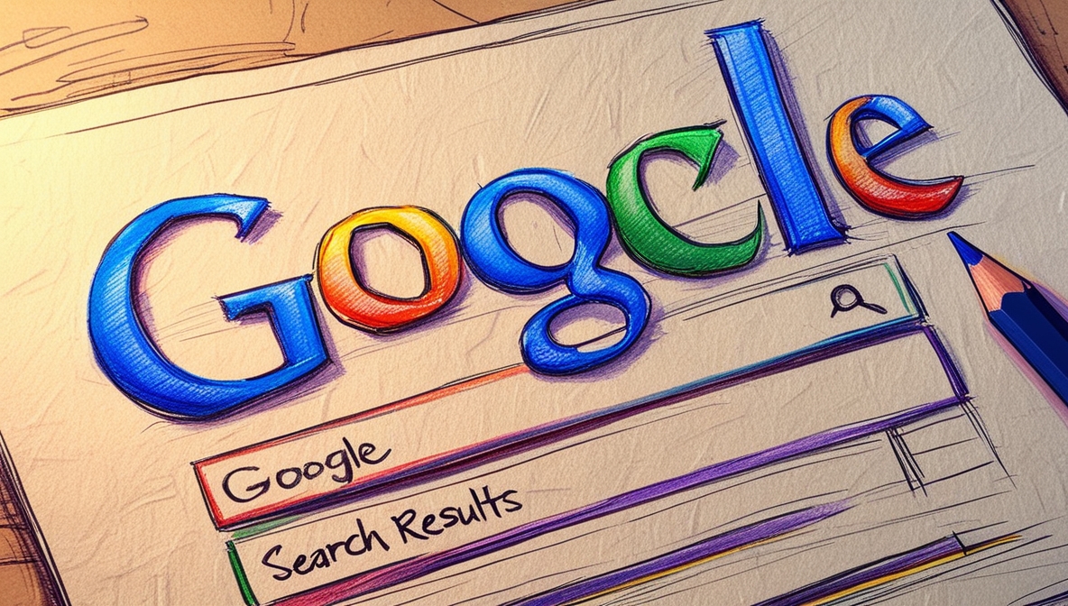 Imagem gerada por IA mostrando uma folha de papel e um lápis ao lado. Na folha está desenhada uma representação de uma página de resultados do Google