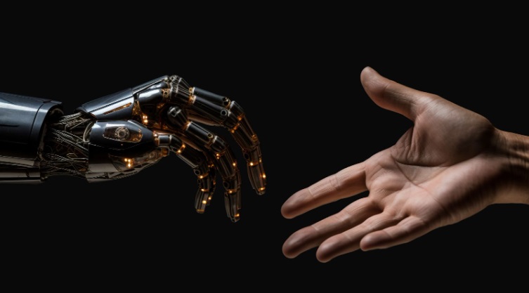 Mão robótica e uma mão humana prestes a se tocar