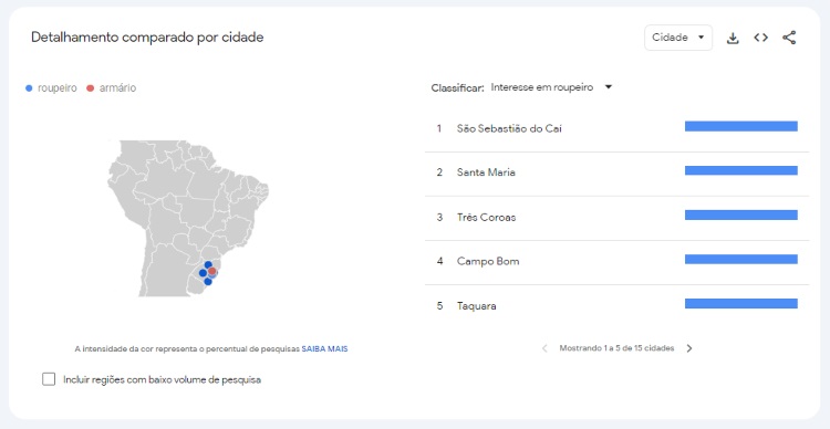 Print Google Trends com o mapa da Brasil e a marcação colorida de regiões mais marcantes para a busca