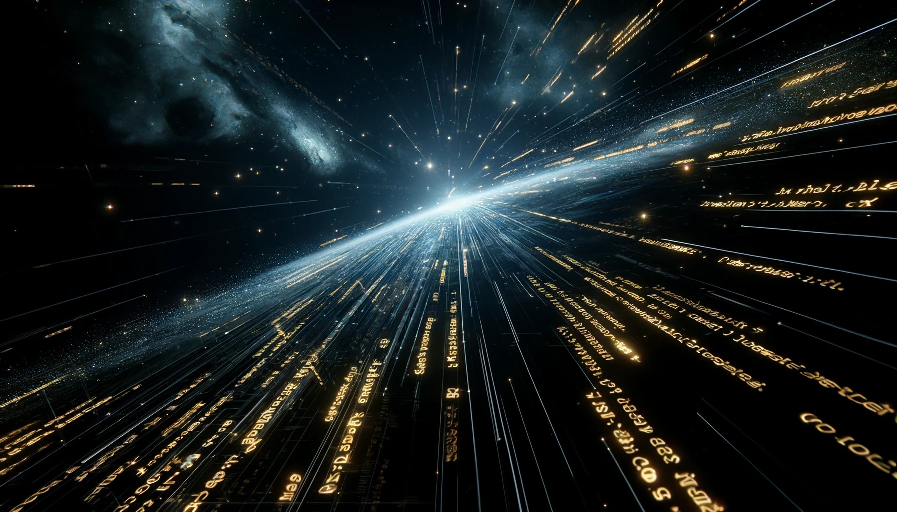 Imagem em IA de várias linhas de código correndo  como estrelas cadente em um cenário de espaço sideral