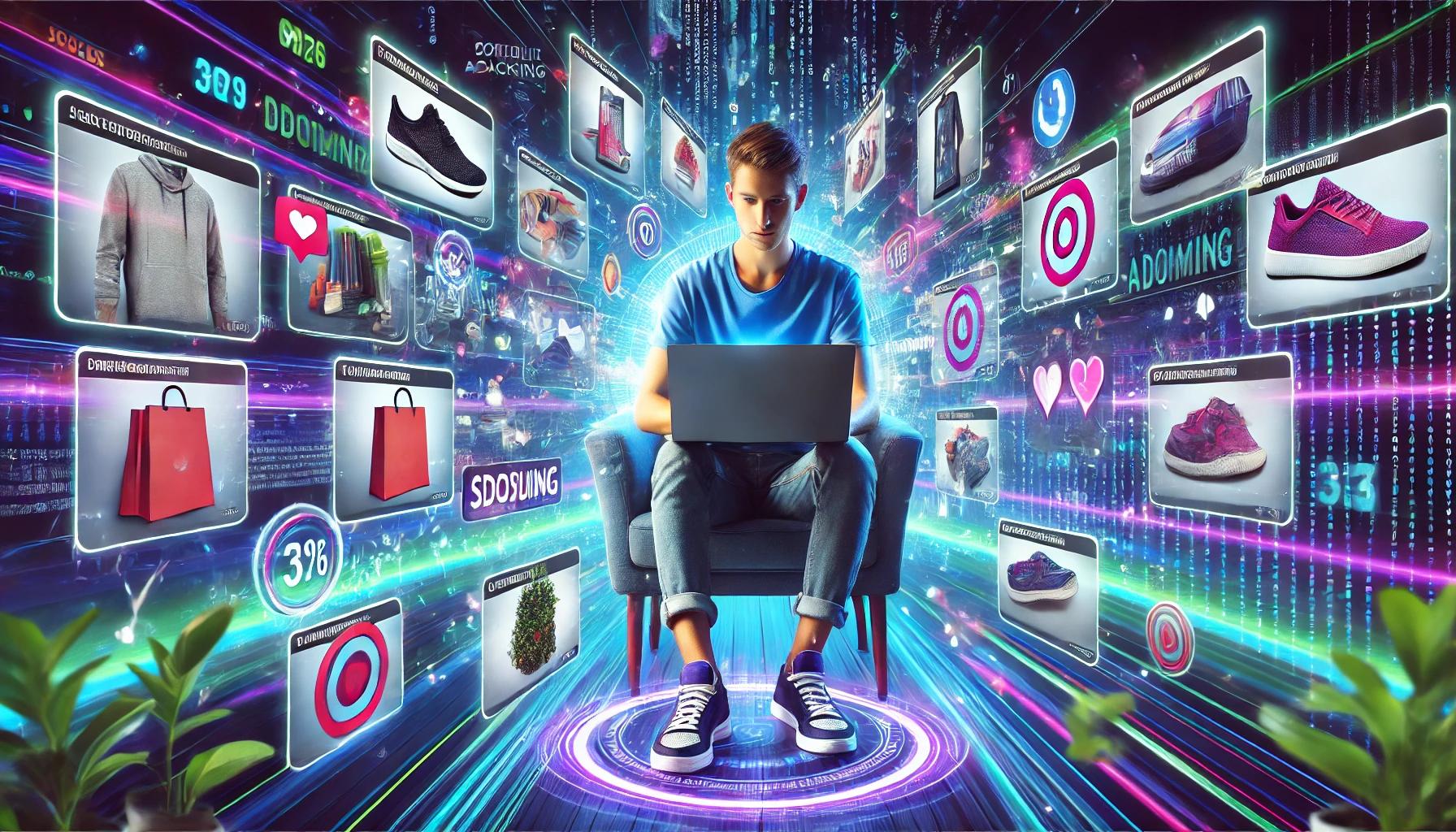 Ilustração em IA de um homem sentado com um notebook no colo e várias telas de produtos online sendo projetados ao lado