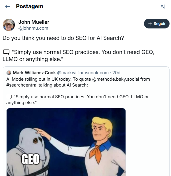 Print de uma postagem no Bluesky falando sobre a necessidade de fazer SEO para as buscas por AI.