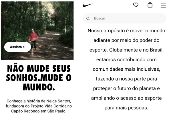 Print do site da Nike falando sobre sonhos e motivações