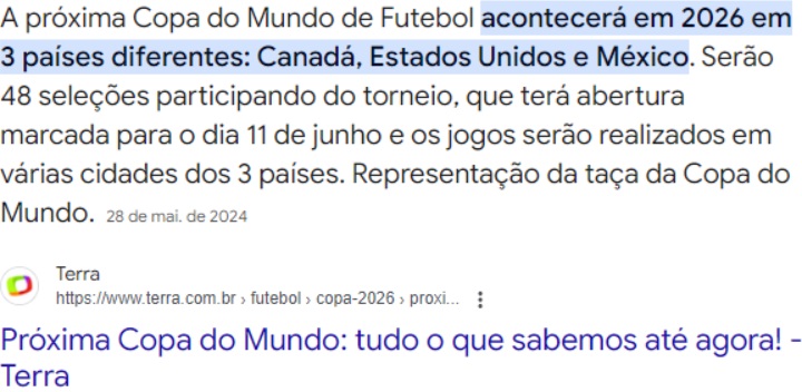 Print do Google mostrando resposta do portal Terra sobre a próxima Copa do Mundo