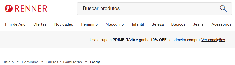 Print exemplo de breadcrumb no site da Renner