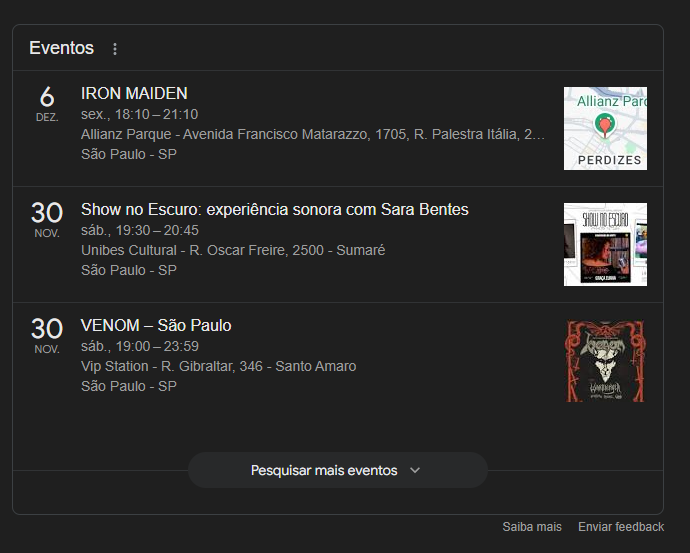 Print da agenda de shows em São Paulo na Serp do Google