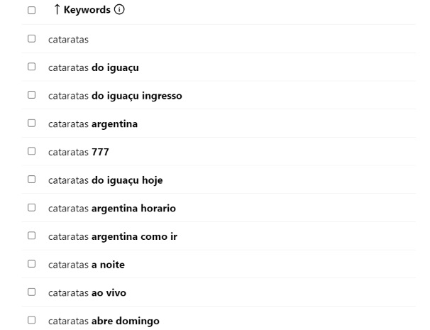 Print Keyworld Tools com palavras relacionadas às Cataratas para que o usuário escolha 
