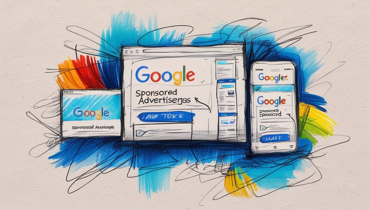 Imagem gerada por IA em estilo Sketch mostrando telas de anúncios pagos do Google