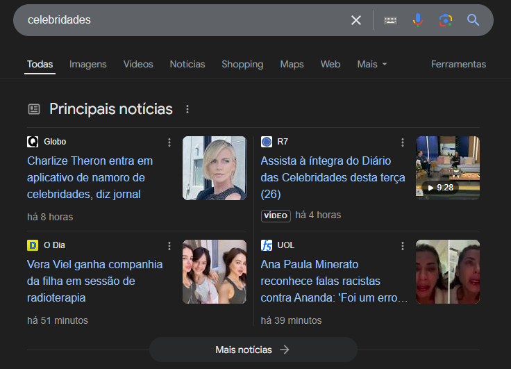 Print de artigos relacionados a celebridades na Serp do Google