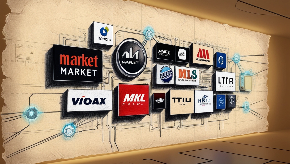 Ilustração em IA de uma parede com várias  marcas e logos fictícias  conectadas por linhas virtuais