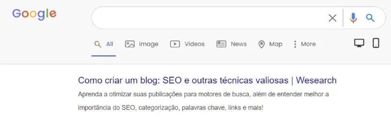 Print de Title e Description do blogpost sobre como criar um blog, da Wesearch, na página de busca do Google