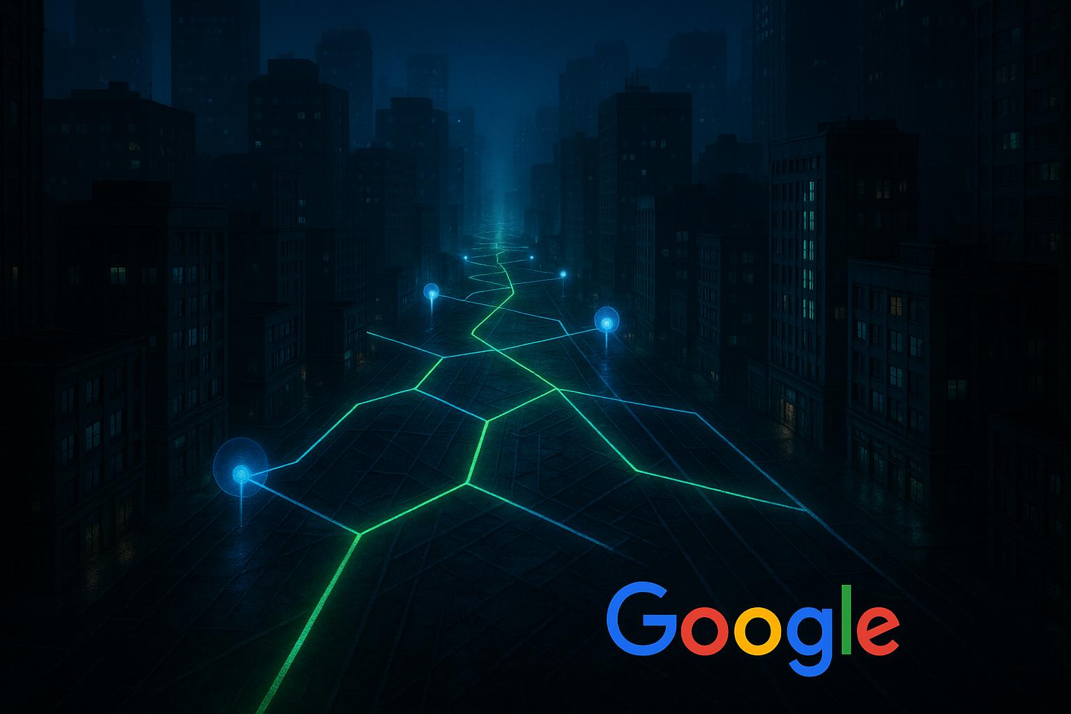 Imagem IA de uma rua escura em uma cidade, com vários prédios conectados por fios digitais de luz e a logo do Google no canto