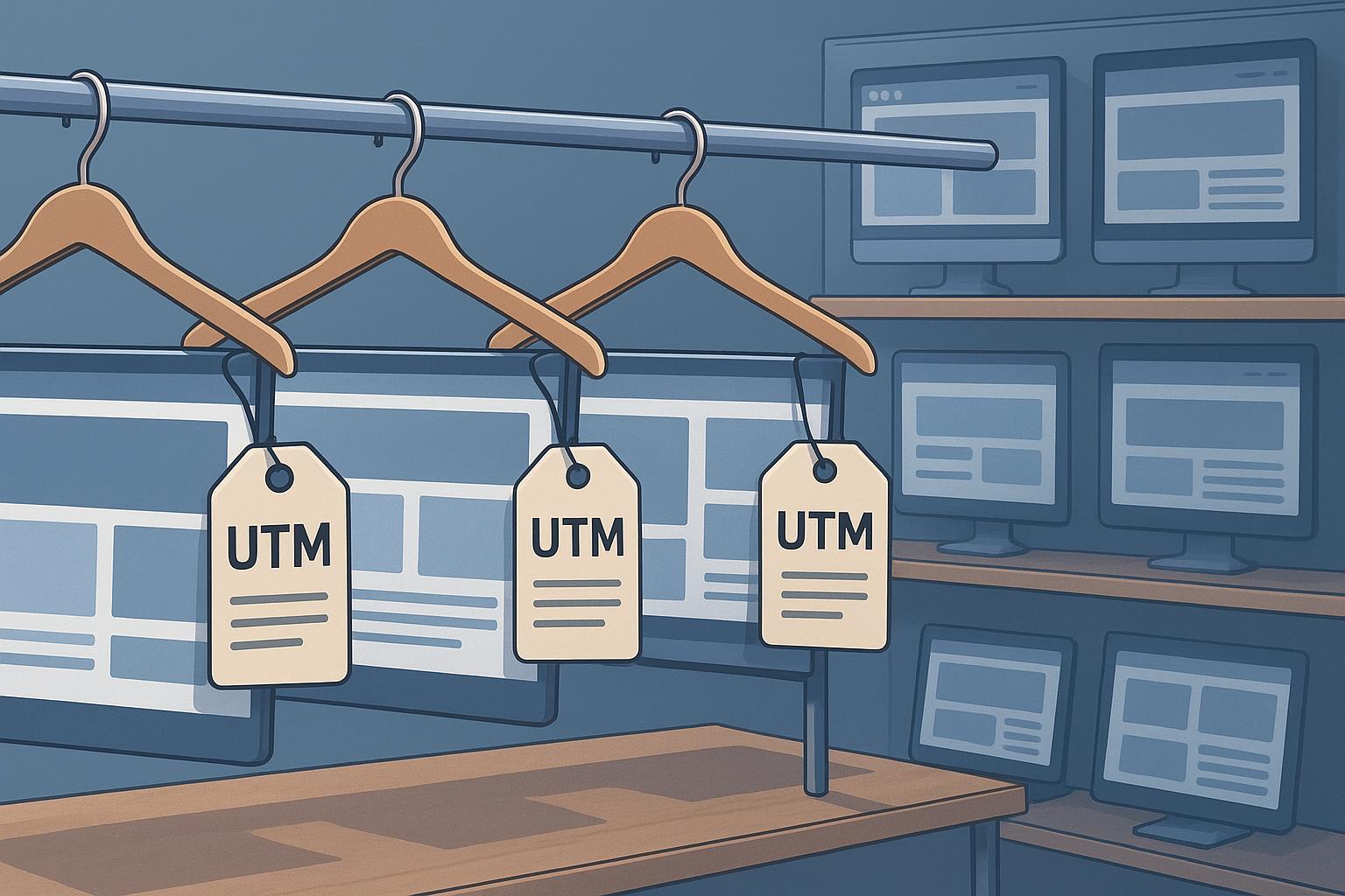 Ilustração em IA de uma prateleira com cabides e ao invés de roupas, estão sites dispostos com etiquetas de utm