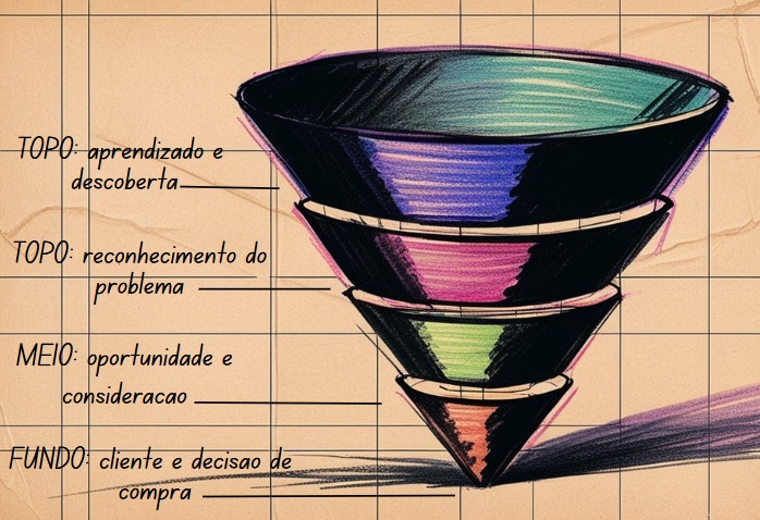 Imagem gerada por IA mostrando um funil colorido, com 4 segmentos, mostrando as etapas de do funil de vendas