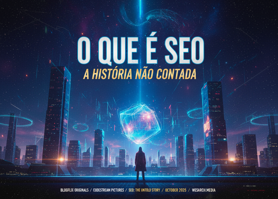 Imagem em IA simulando um pôster de ficção científica, com prédios futuristas e o texto: O que é SEO A História não contada