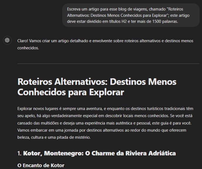 Print do Chat GPT criando um roteiro para um futuro artigo