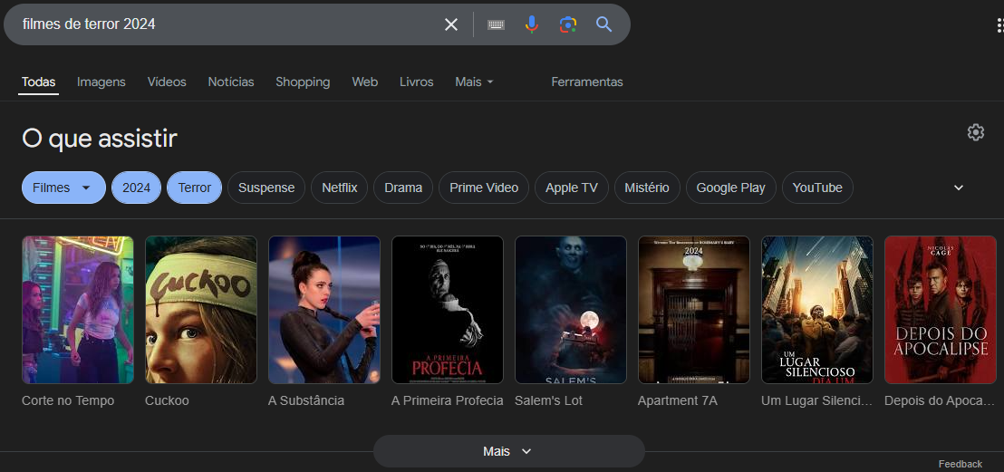 Print de resultados e informações sobre filmes de terror na Serp da Google