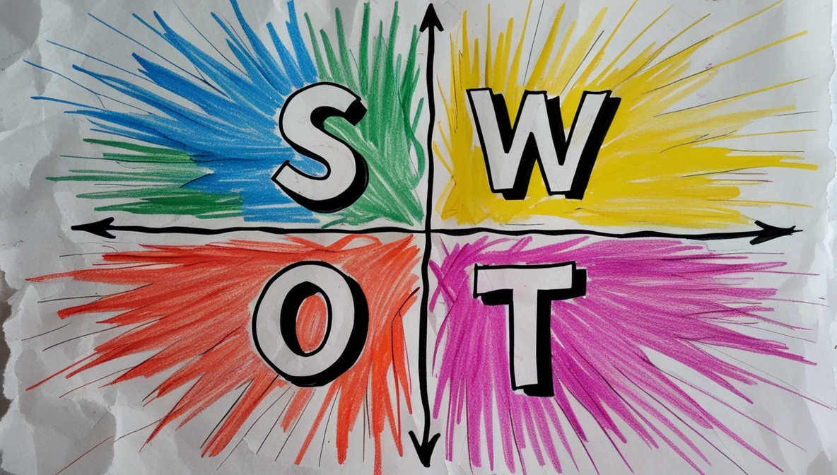 Ilustração em IA de um modelo de análise SWOT com duas flechas em cruz onde cada quadrante leva uma inicial da análise