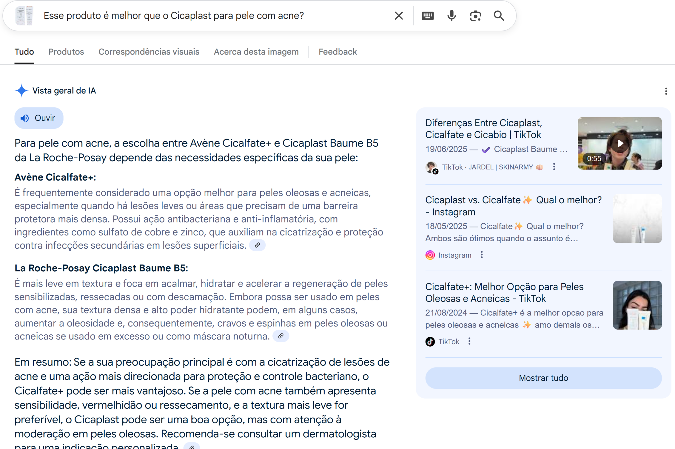 Print do resumo automático identificando uma imagem na busca e trazendo as informações sobre o produto