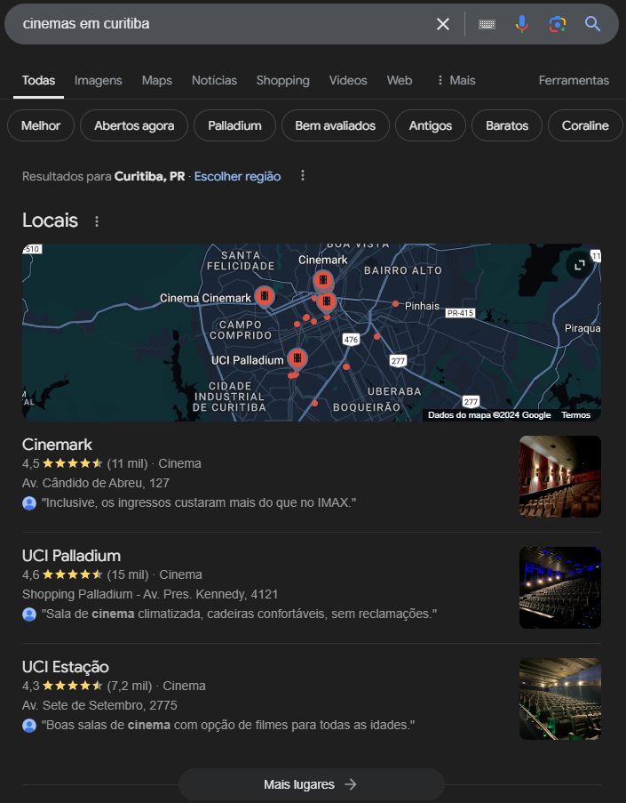 Print do google com mapa e endereços de cinemas próximo da localização do usuário