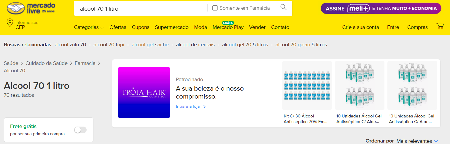 Print Mercado Livre, mostrando o breadcrumb até a página de Alcool gel