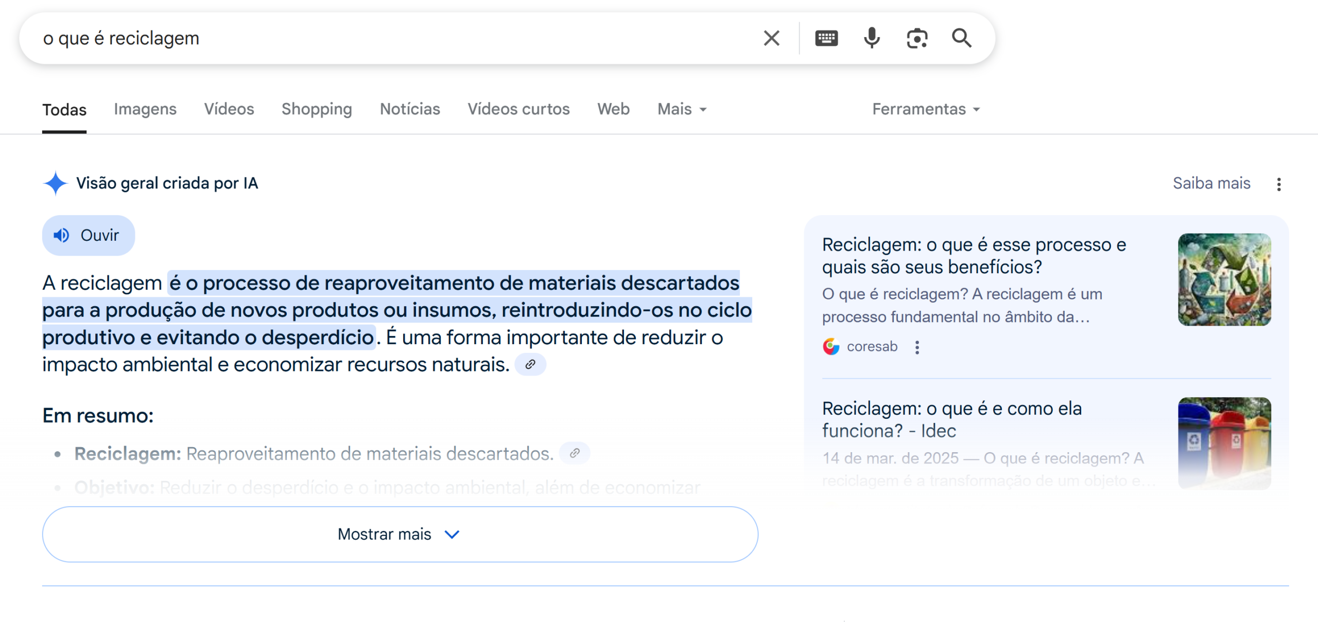Print de uma resposta do IA Overview  sobre o que é reciclagem